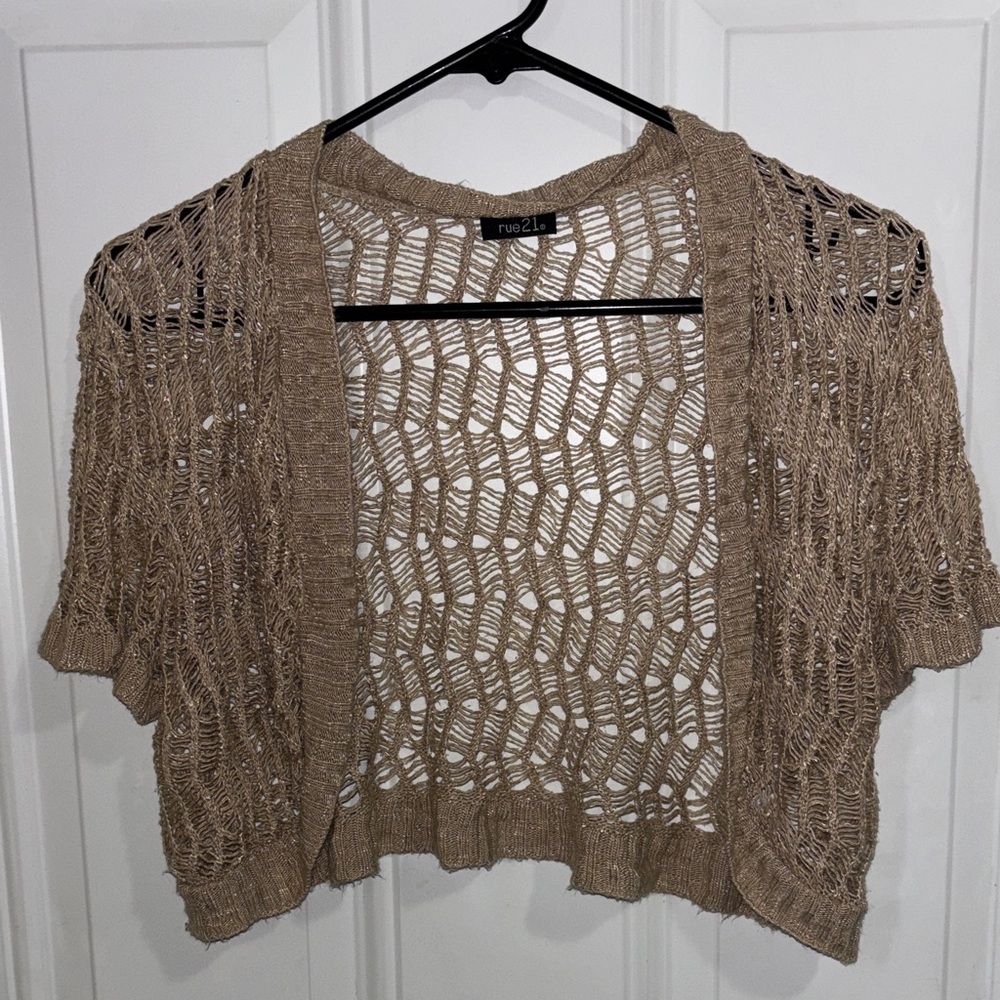 Rue21 Open Knit Short Sleeve Cardigan - Taupe Beige